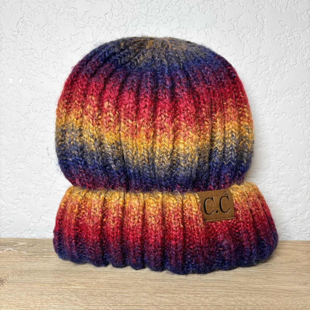 CC Beanie Hat Womens Multicolor Ombre Ribbed Knit Fleece Lined Winter Cap
